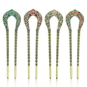 4 Pieces French Hair Pins, Metal , Vintage Double Prong Hair Forks Stick with Rh